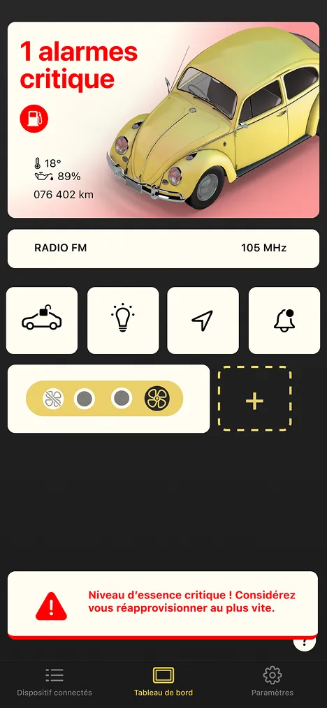 L'écran du tableau de bord avec notification.
